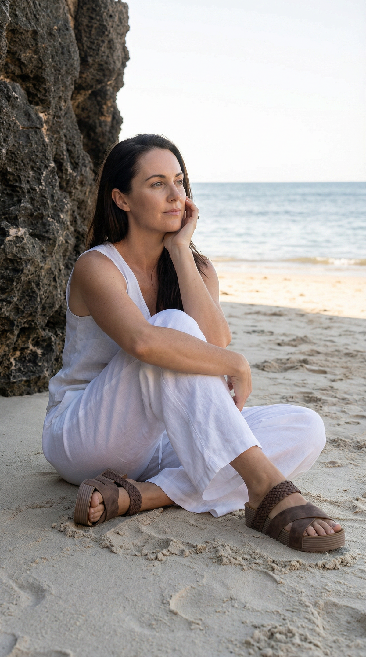 Woman wearing Levée brown sandals on the beach