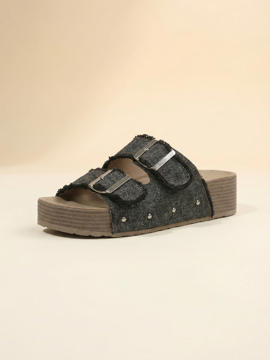 Denim Double Strap Sandal - Black