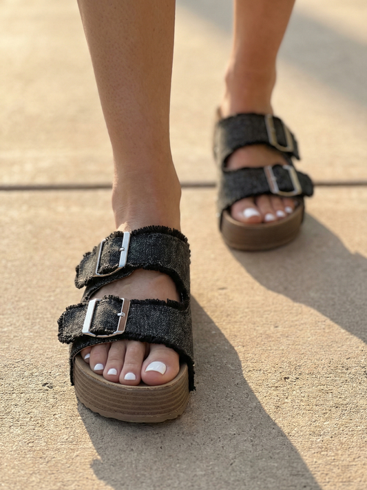 Denim Double Strap Sandal - Black