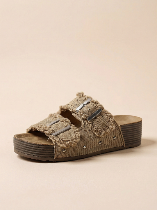 Denim Double Strap Sandal - Khaki